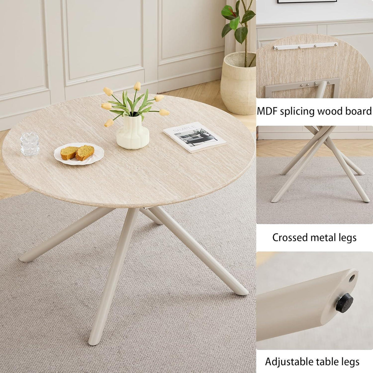 Rundes Esszimmer-Set mit 4 Leinenstühlen – Hellgelb & Schwarz
