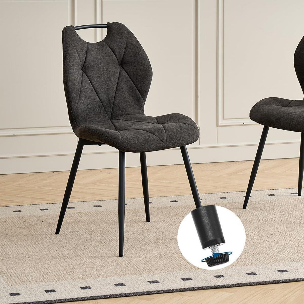 Rundes Esszimmer-Set mit 4 Leinenstühlen (Hellgrau/Schwarz)