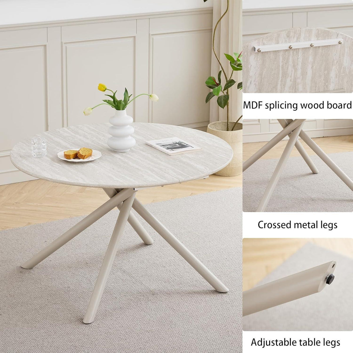 Rundes Esszimmer-Set mit 4 Leinenstühlen (Hellgrau/Schwarz)