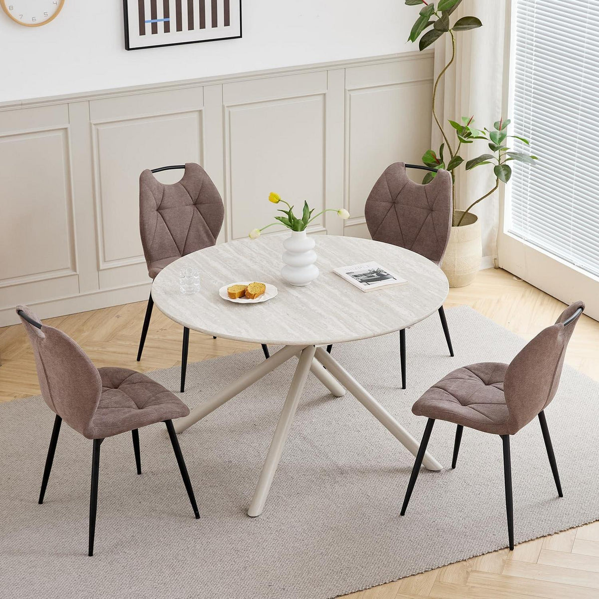 Rundes Esszimmer-Set mit 4 Leinenstühlen (Hellgrau + Braun)