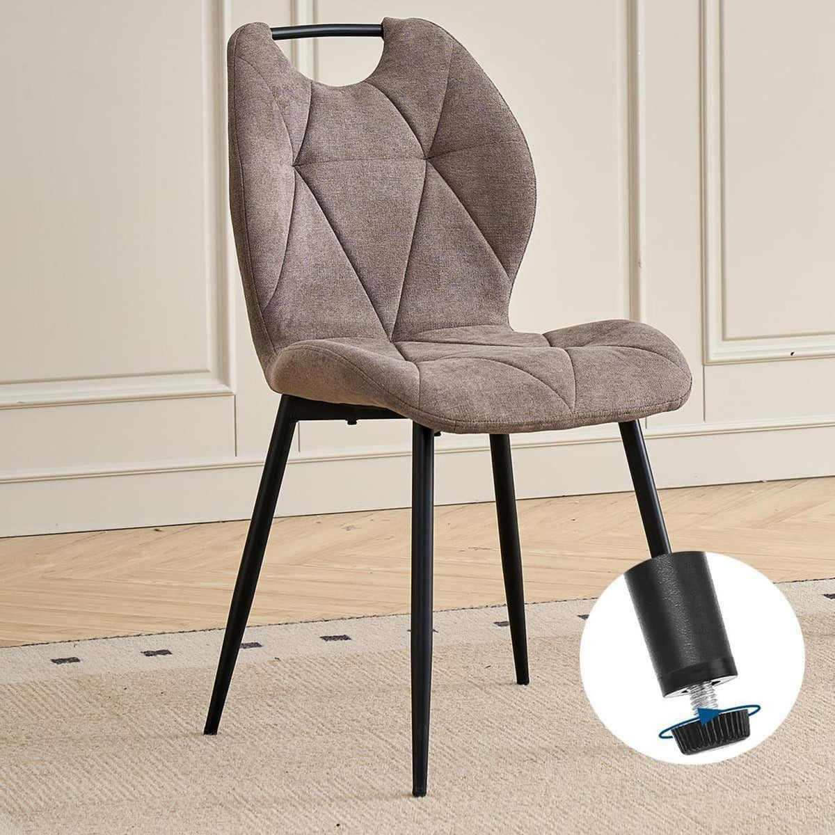 Rundes Esszimmer-Set mit 4 Leinenstühlen (Hellgrau + Braun)