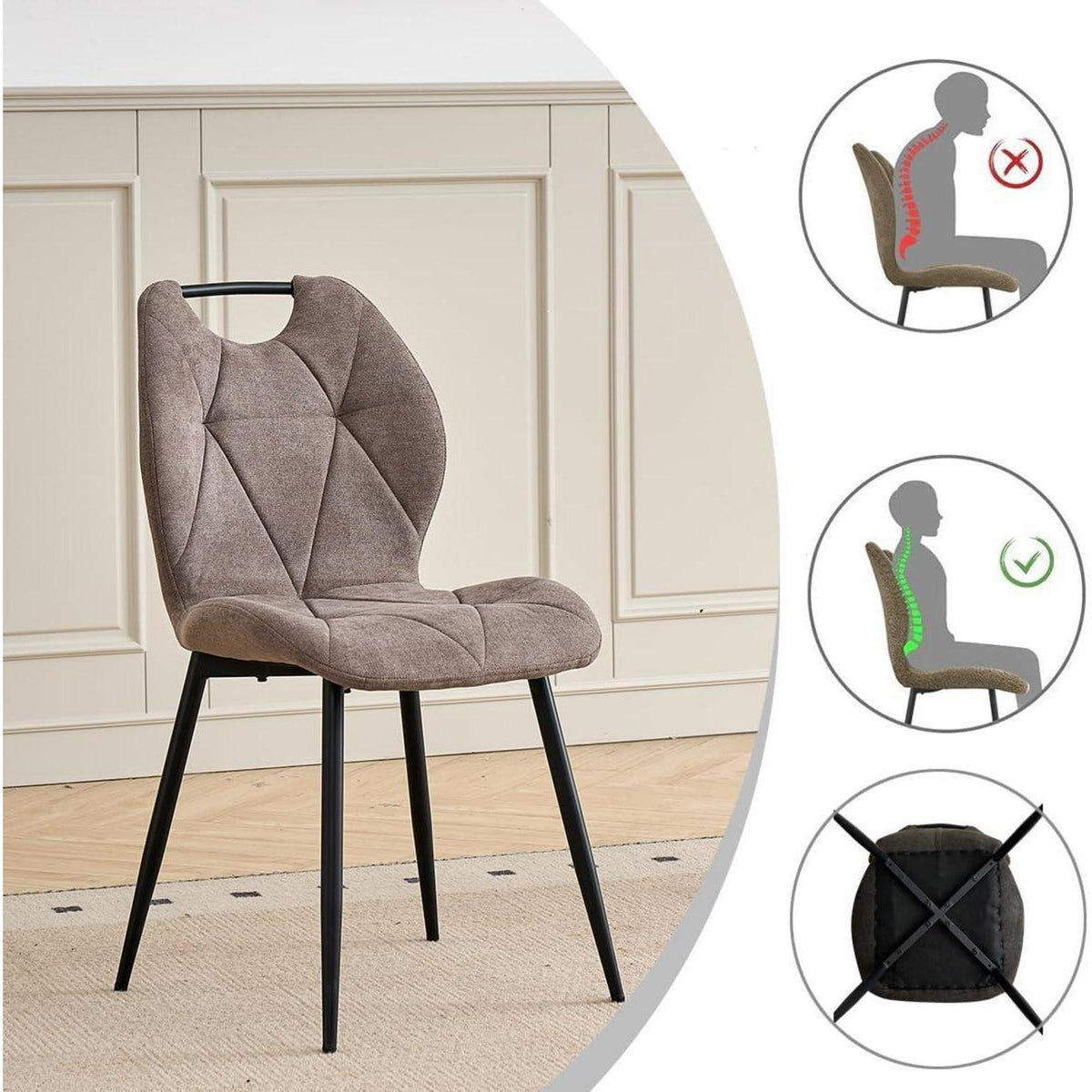 Rundes Esszimmer-Set mit 4 Leinenstühlen (Hellgrau + Braun)