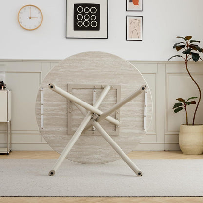 Rundes Esszimmer-Set mit 4 Leinenstühlen (Hellgrau + Braun)