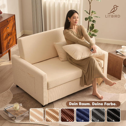 Schlafsofa 2-Sitzer Cordstoff, Ausziehbar & Verstellbar, Beige