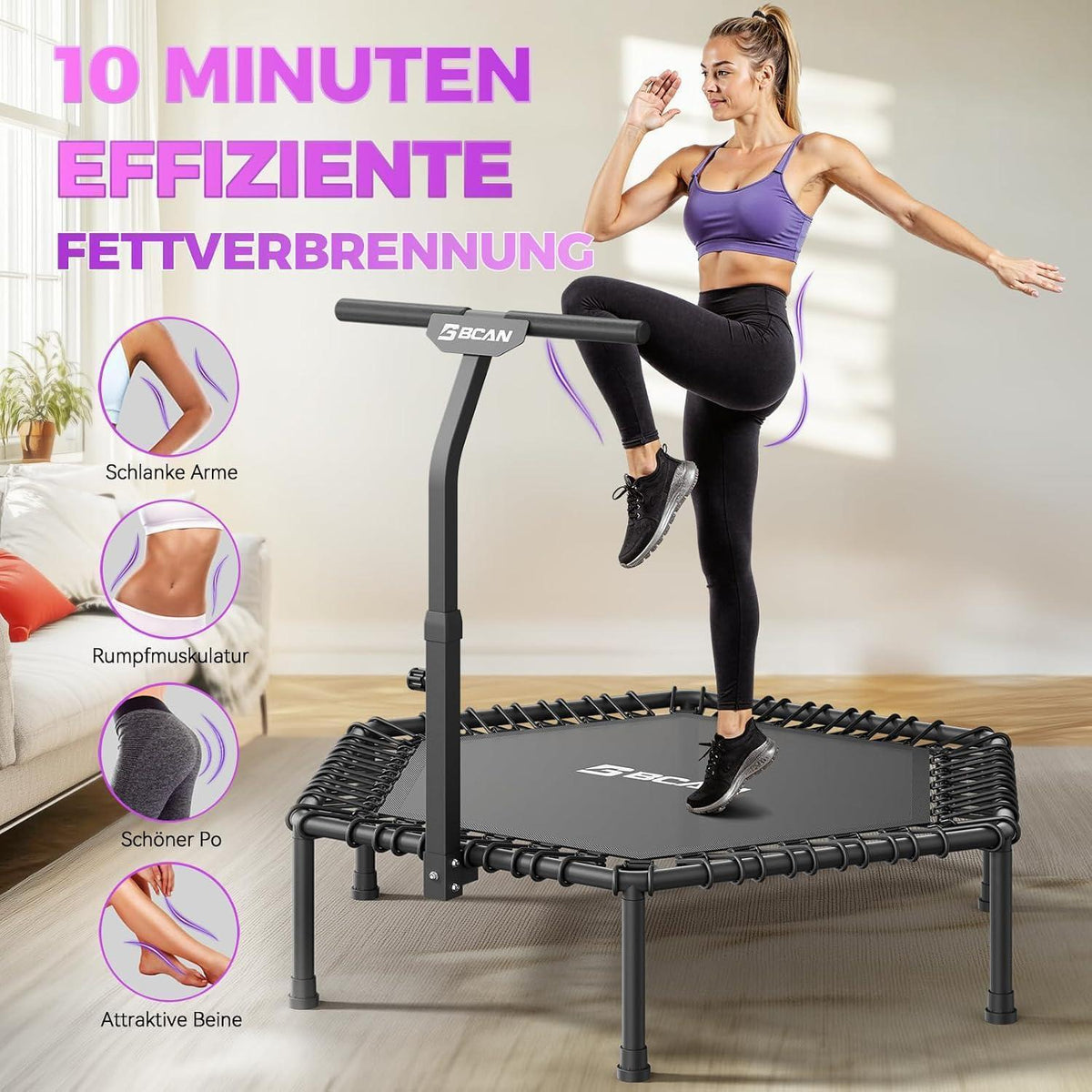Fitness Trampolin Indoor mit verstellbarem Griff & Gummiseilen
