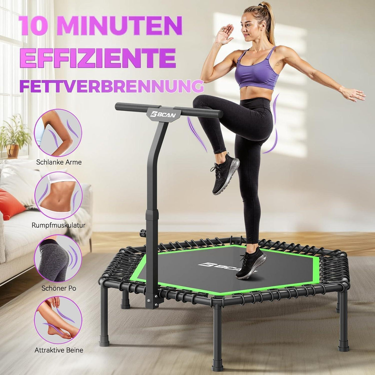 Fitness Trampolin Indoor mit verstellbarem Griff & Gummiseilen