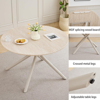 Rundes Esszimmer-Set mit 4 Leinenstühlen – Hellgelb & Beige