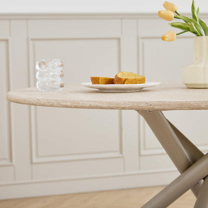 Rundes Esszimmer-Set mit 4 Leinenstühlen – Hellgelb & Beige