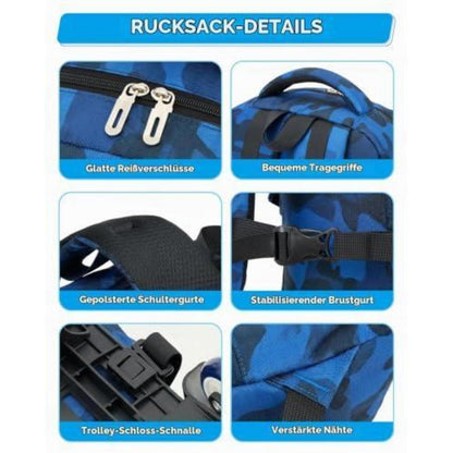 Schultrolley Rucksack Jungen Abnehmbar 6 Räder Tarn Blau 15,6"