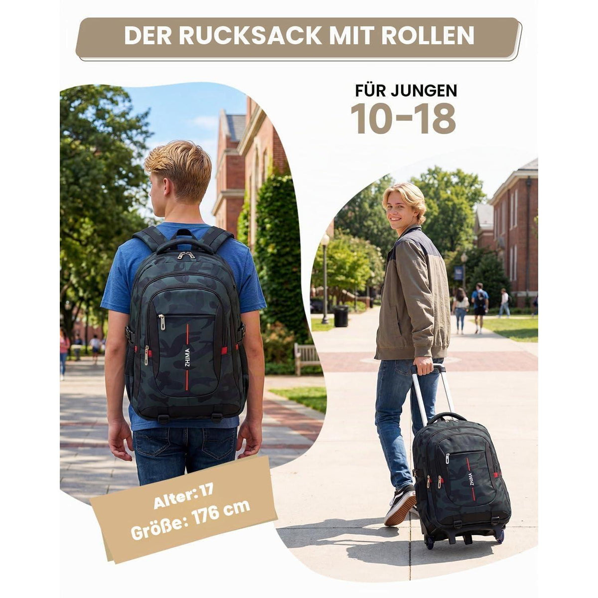 Schultrolley Rucksack Jungen Tarnmuster Abnehmbar 15,6" Laptopfach