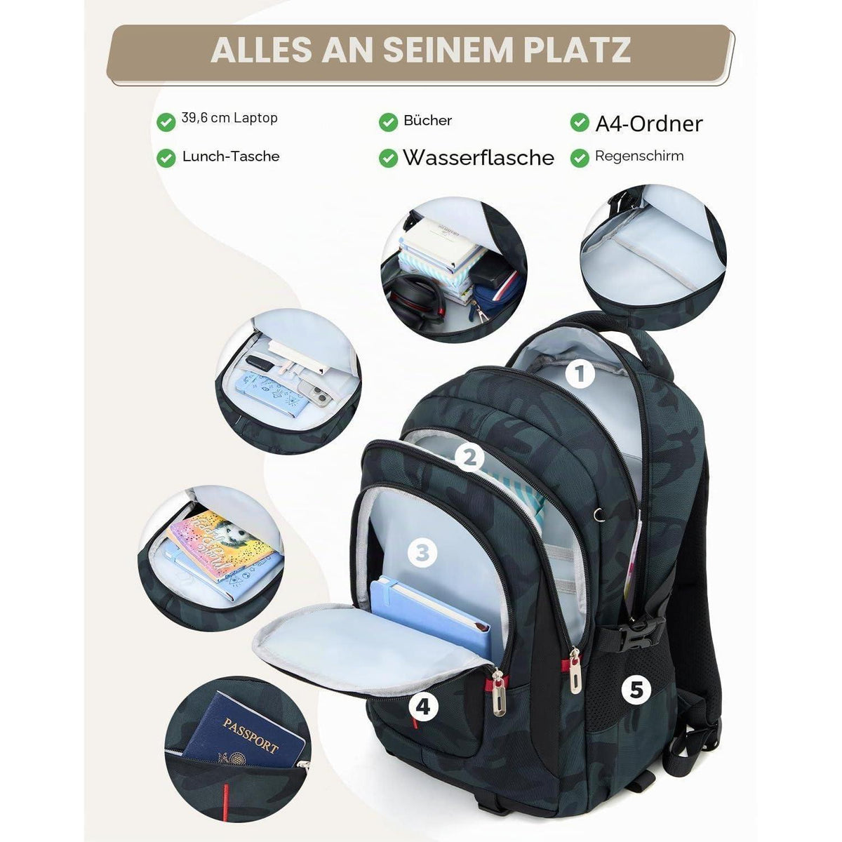 Schultrolley Rucksack Jungen Tarnmuster Abnehmbar 15,6" Laptopfach