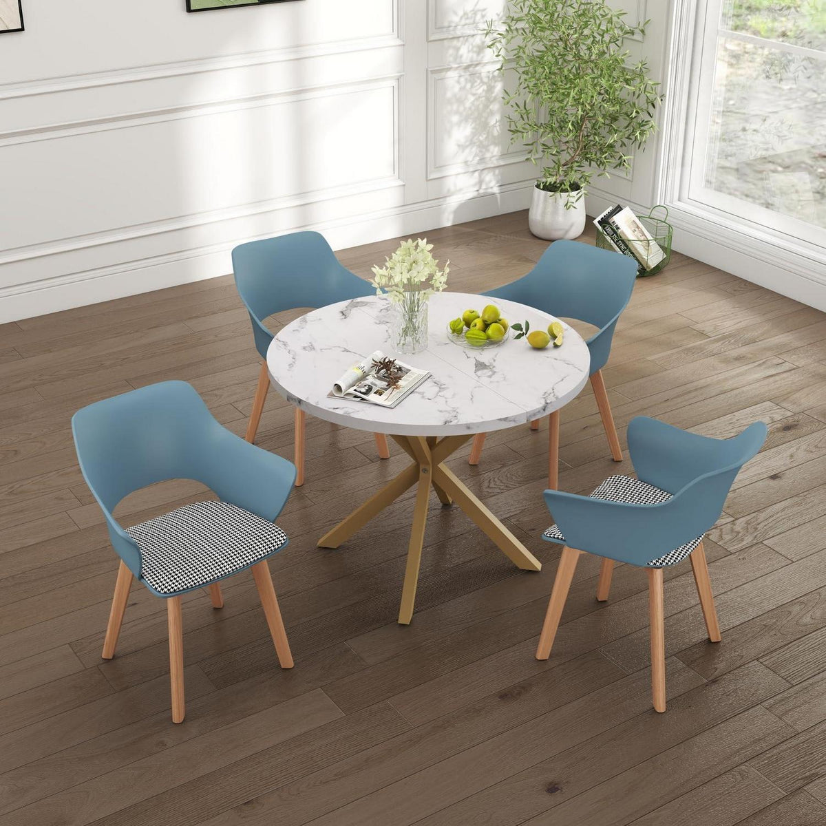 Nordisches Esstisch Set mit 4 gepolsterten Stühlen (Marmor-GD + Hellblau)