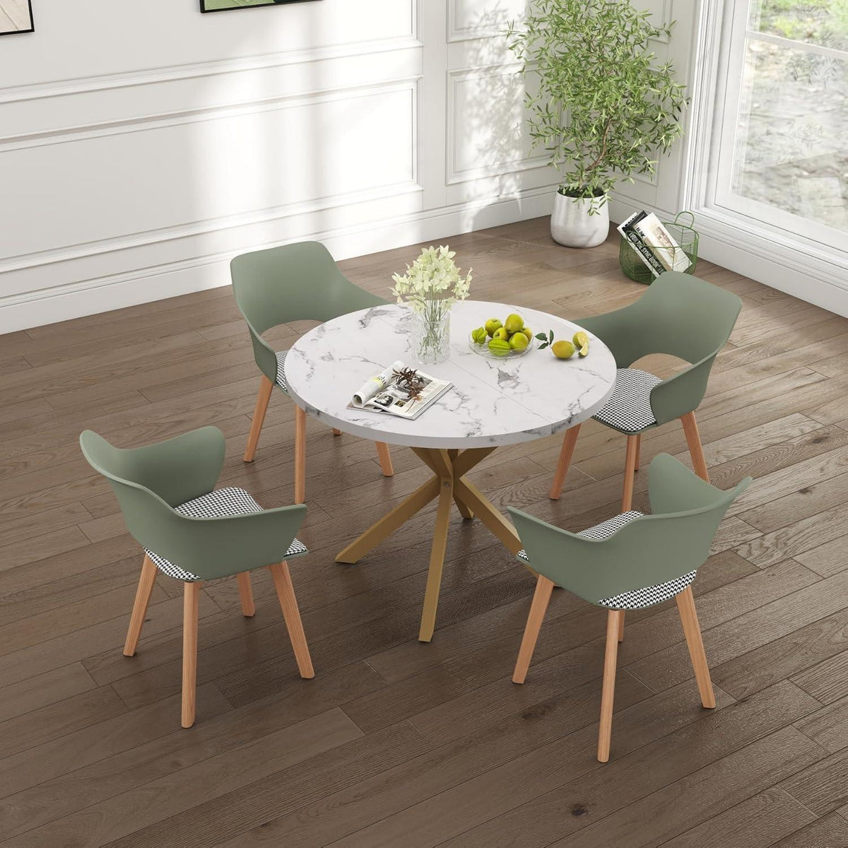 Nordisches Esszimmer Set: Runder Tisch (100x100cm) + 4 Stühle
