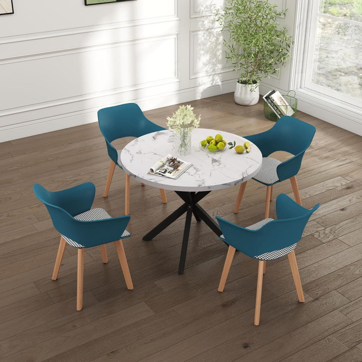 Nordisches Esstisch Set mit 4 gepolsterten Stühlen (Marmor-BK + Seeblau)