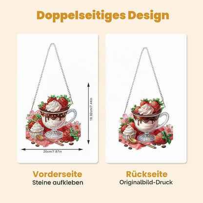 Diamantmalerei Türschild Erdbeer Kaffee Dessert – DIY Fensterbild 20x20cm