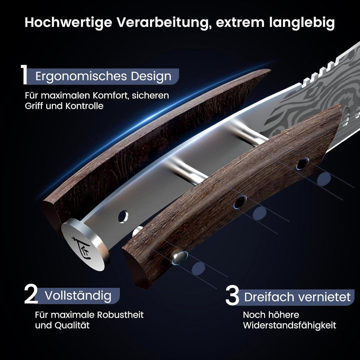 Japanisches Küchenmesser Set | 3-teilig | Damaststahl & Holzgriff