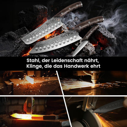 Japanisches Küchenmesser Set | 3-teilig | Damaststahl & Holzgriff