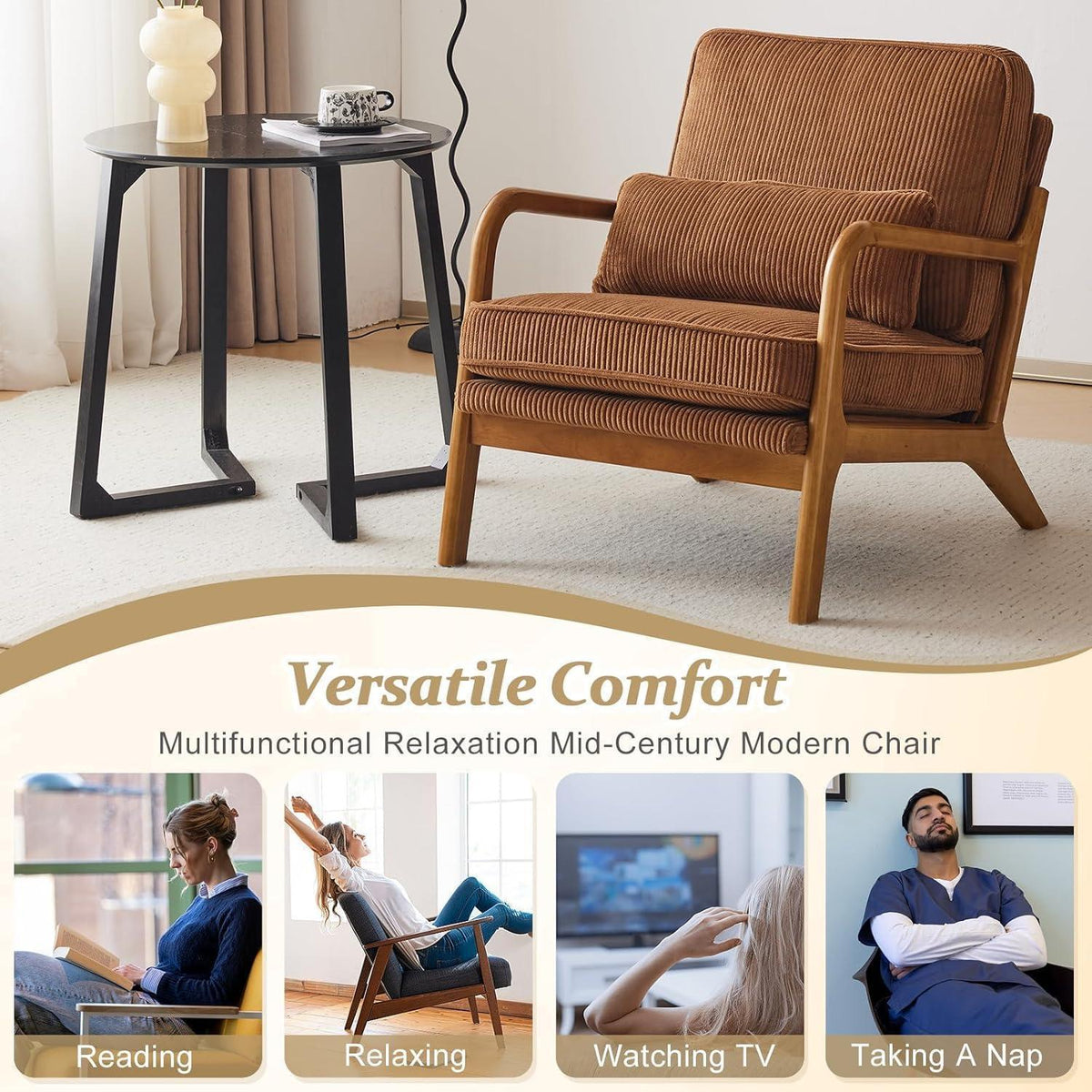 Gepolsterter Cord-Sessel Braun | Lounge- & Cocktailsessel Wohnzimmer