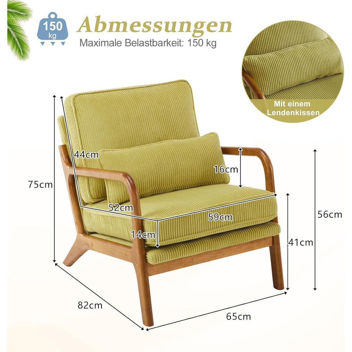 Gepolsterter Cord-Sessel Grün | Bequemer Lounge- & Lesesessel
