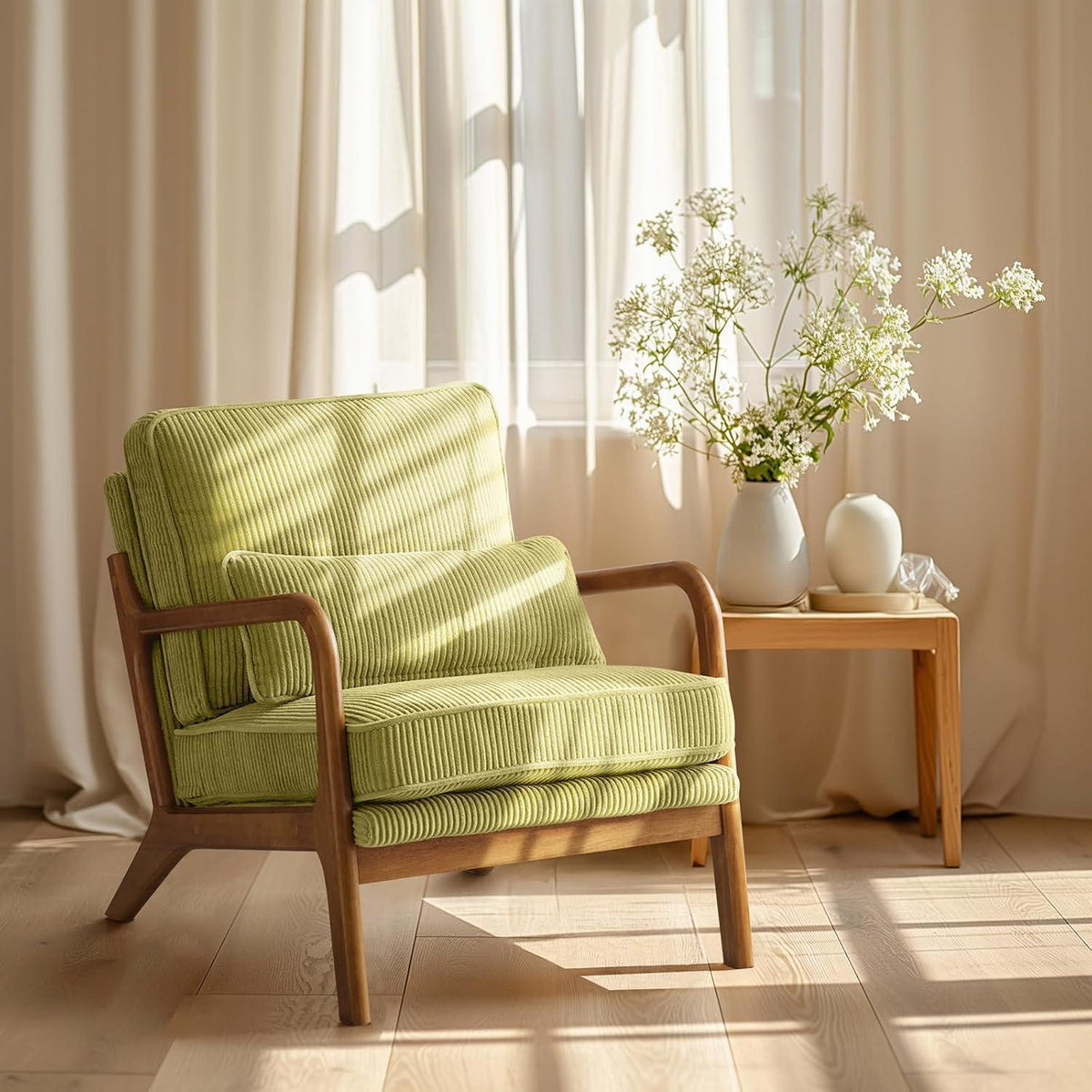 Gepolsterter Cord-Sessel Grün | Bequemer Lounge- & Lesesessel