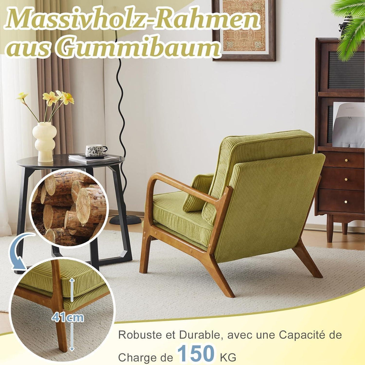 Gepolsterter Cord-Sessel Grün | Bequemer Lounge- & Lesesessel