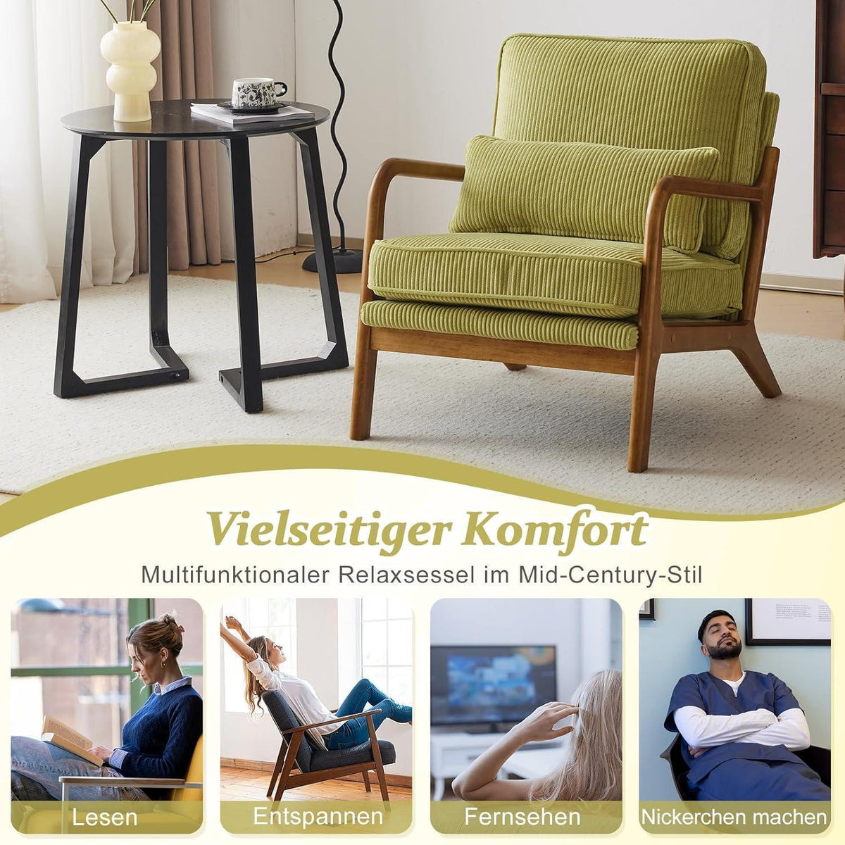 Gepolsterter Cord-Sessel Grün | Bequemer Lounge- & Lesesessel