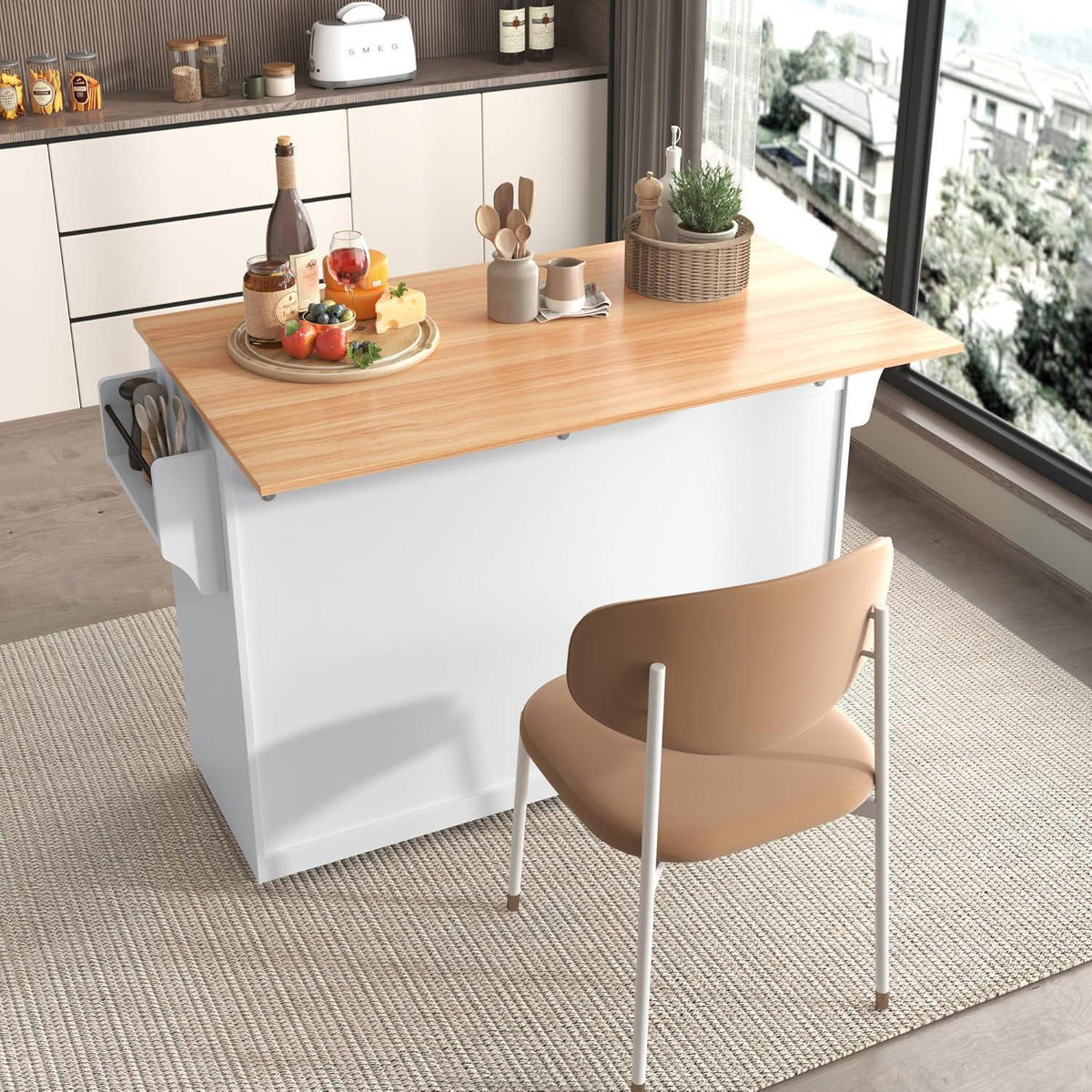 Kücheninsel mit Klappplatte & Rollen – Weiß 136x71x91.5cm