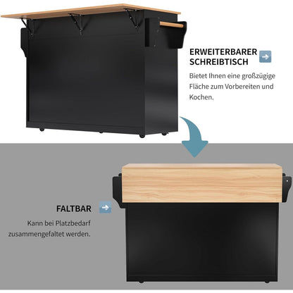 Kücheninsel mit Klappplatte & Rollen – Schwarz 136x71x91.5cm