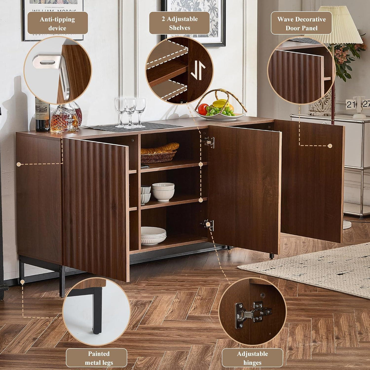 Sideboard Eiche dunkel - 3-türiger Mid-Century Schrank 150x40x80cm