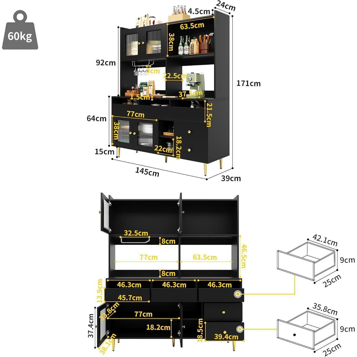 Küchenschrank mit Weinglasregal & Glastür, Schwarz 145x39x171cm