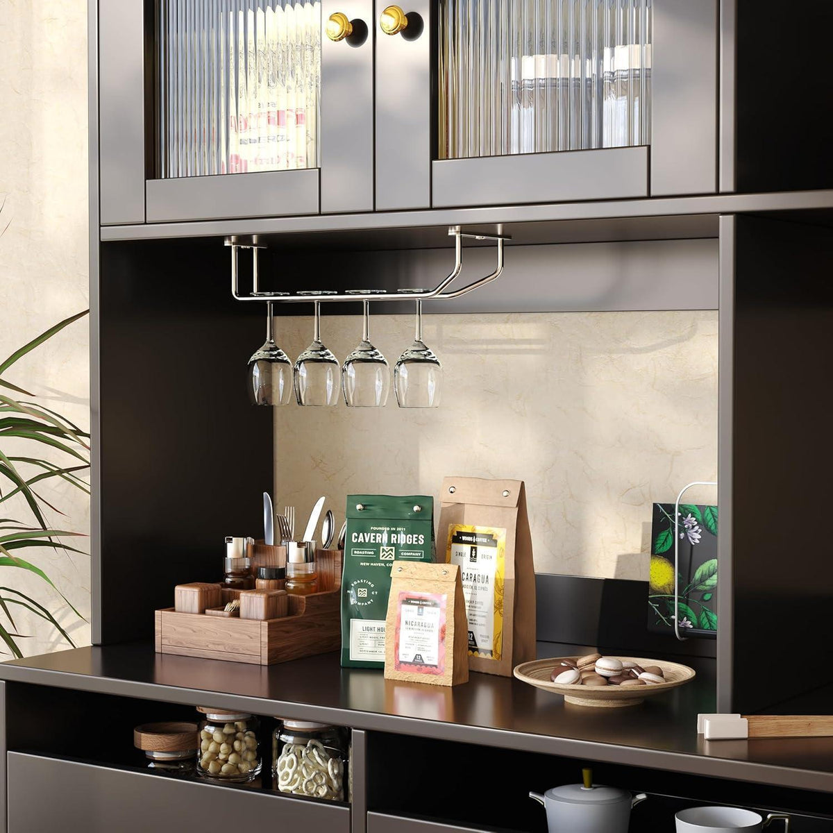 Küchenschrank mit Weinglasregal & Glastür, Schwarz 145x39x171cm