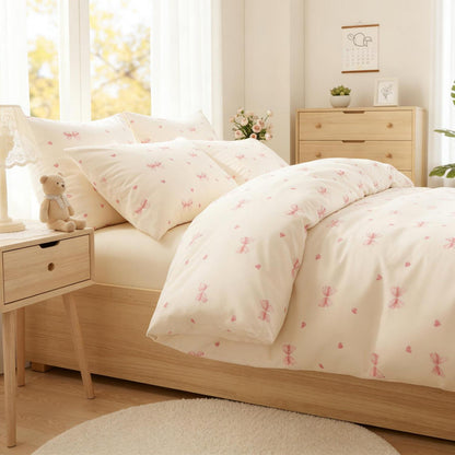 Bettwäsche Set Mädchen 135x200 Beige Rosa Schleifen Herzen