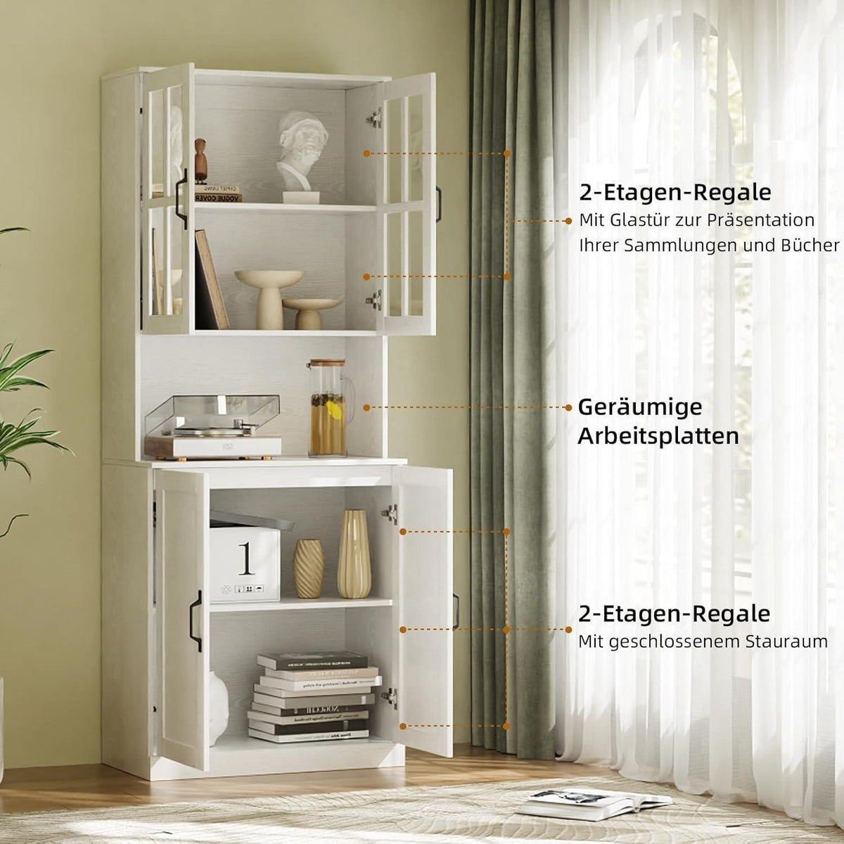 Bücherregal mit Glastüren & Arbeitsplatte | 180cm Hochschrank (3er Set)