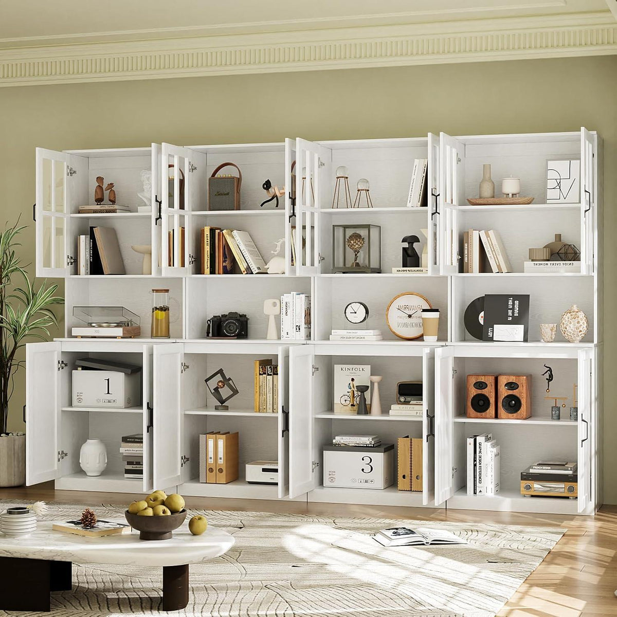 Bücherregal mit Glastüren & Arbeitsplatte | 180cm Hochschrank (3er Set)