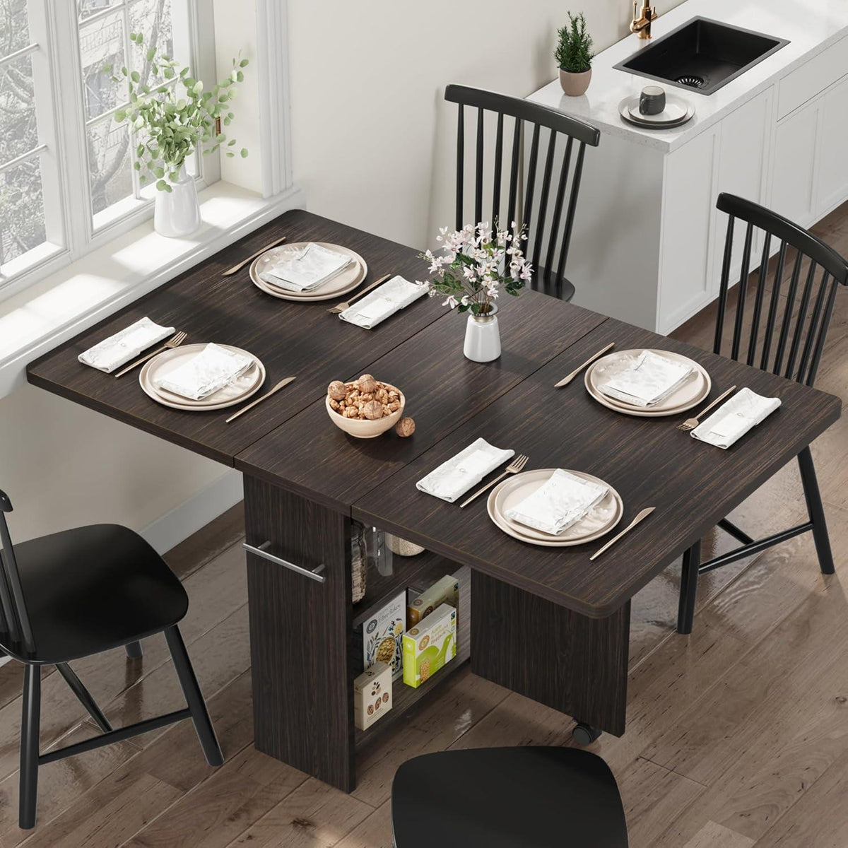 Klappbarer Esstisch mit Rollen & Ablage – Braun