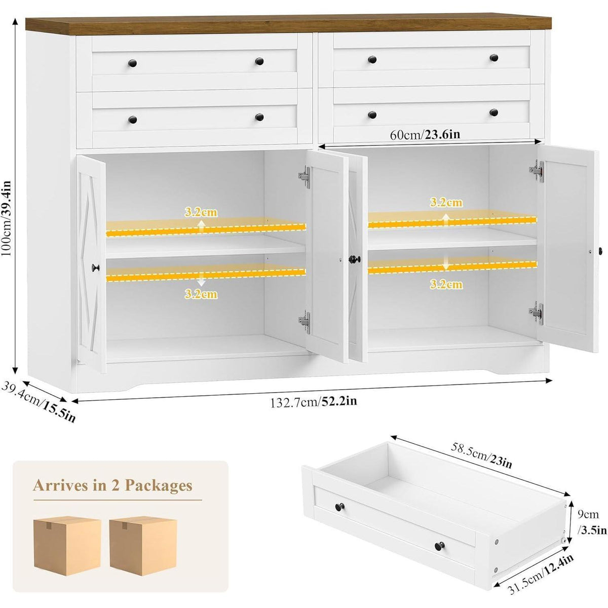 Sideboard mit Schubladen & Regalen – Weiß & Braun