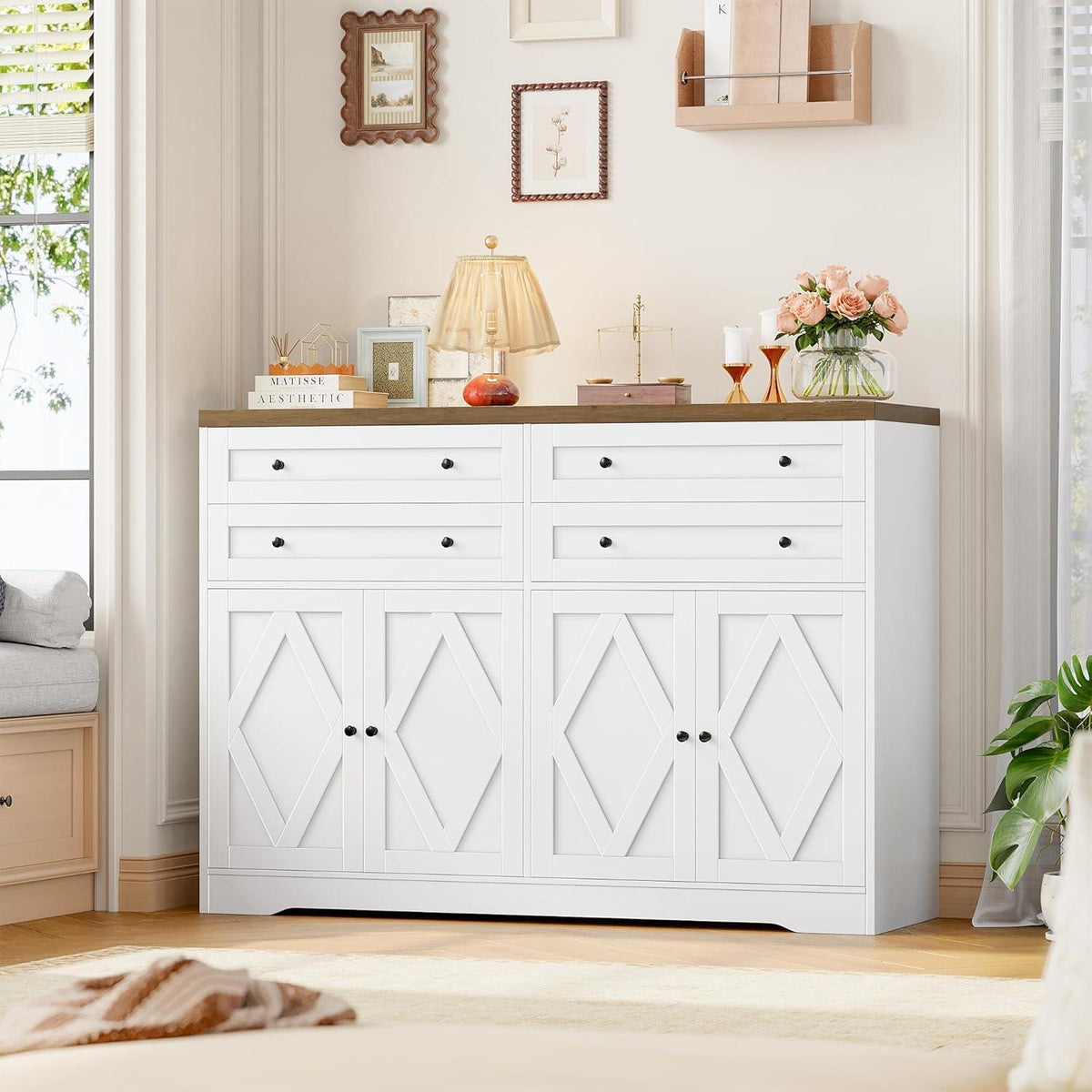 Sideboard mit Schubladen & Regalen – Weiß & Braun