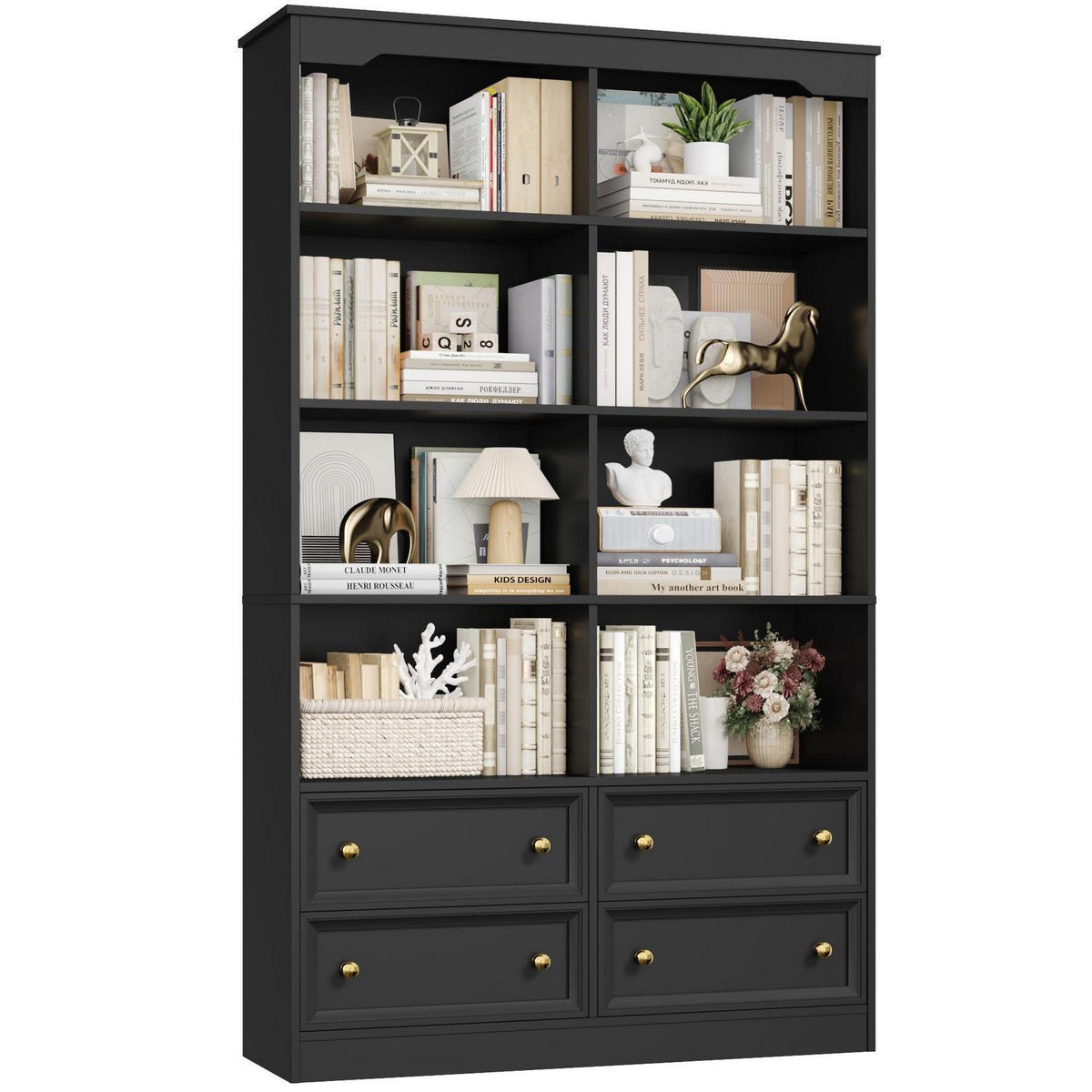 Bücherregal 180 cm mit 4 Schubladen & 8 Fächern – Schwarz