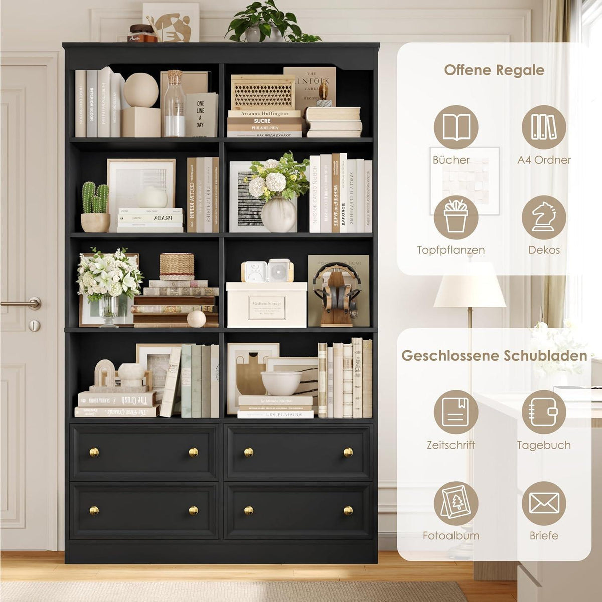 Bücherregal 180 cm mit 4 Schubladen & 8 Fächern – Schwarz