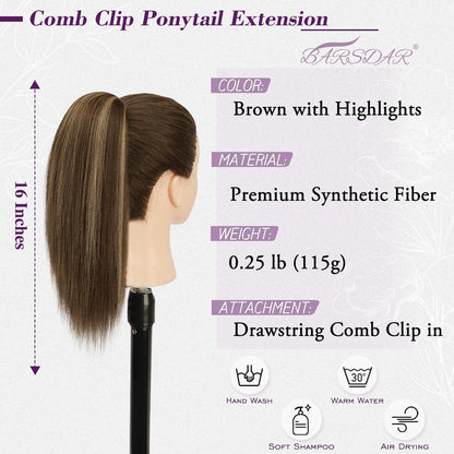 Braune Pferdeschwanz Verlängerung mit Blond Highlights, 40cm