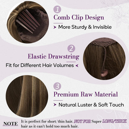 Braune Pferdeschwanz Verlängerung mit Blond Highlights, 40cm