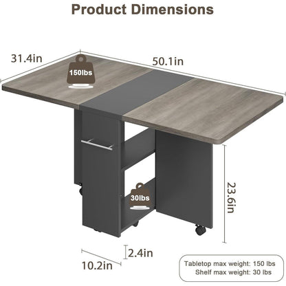 Klappbarer Esstisch mit Rollen & Ablagen – Grau, 120x60x75cm
