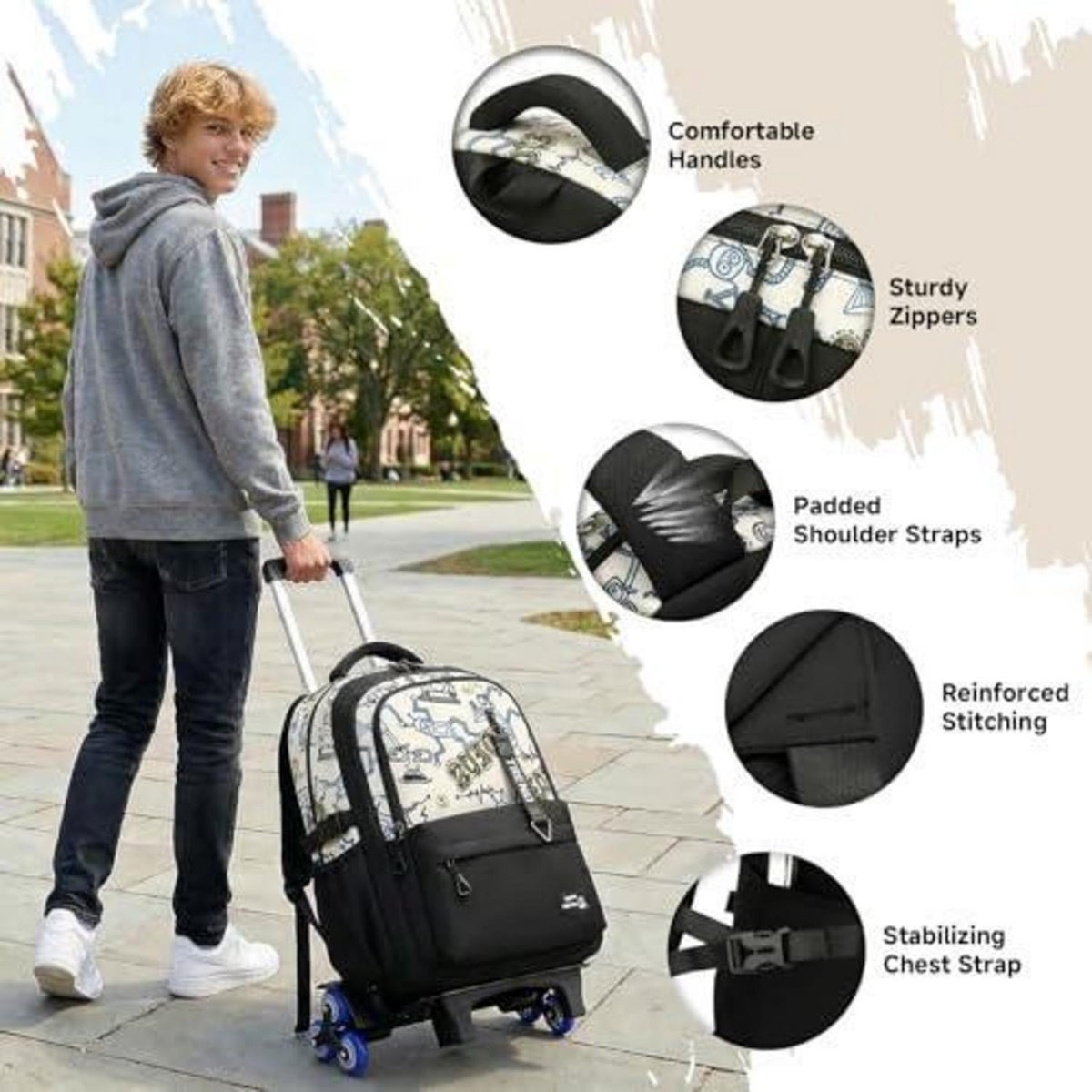 Schulrucksack mit Rollen für Jungen – Höhenverstellbarer Trolley Schwarz