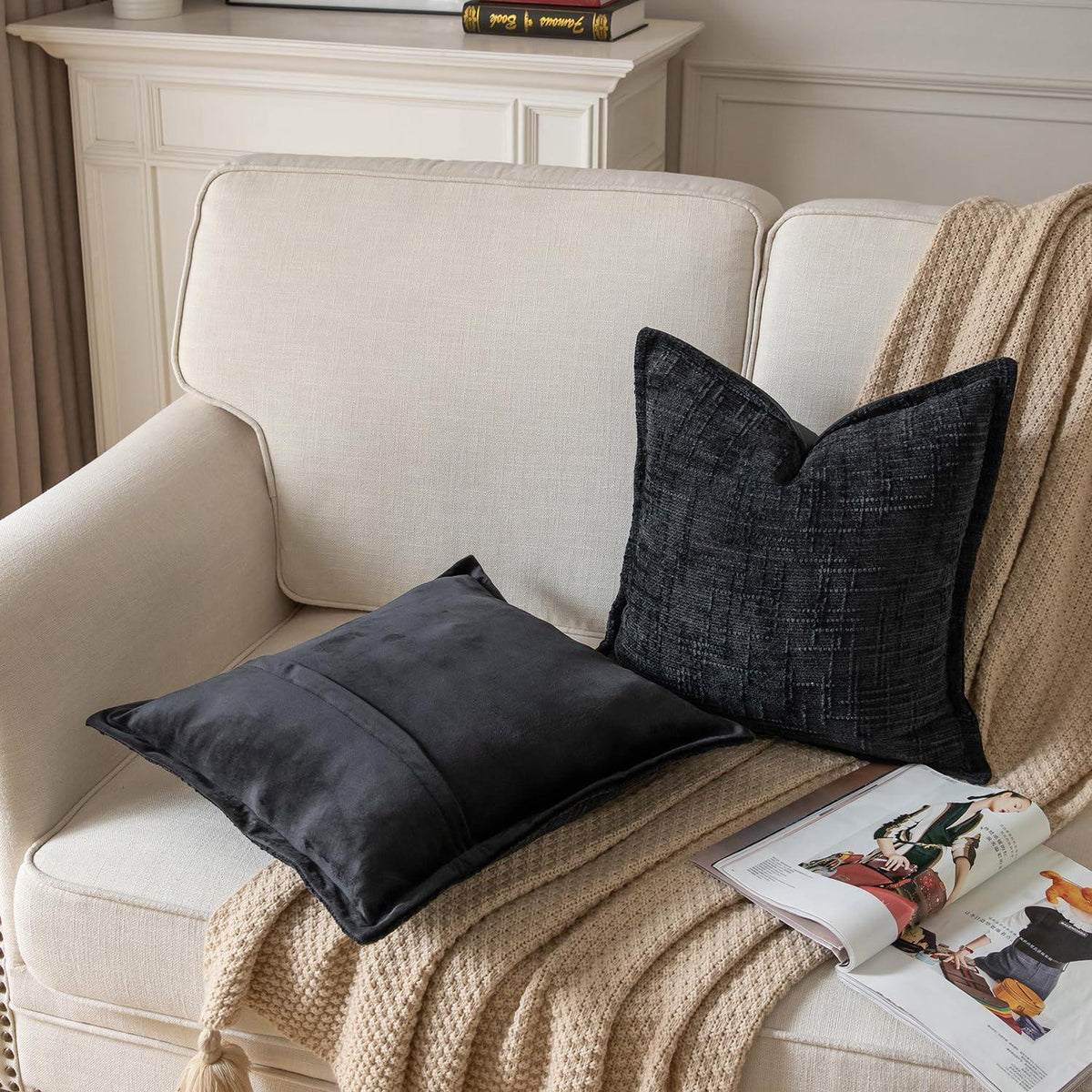 2x Kissenbezug Chenille 45x45 Schwarz – Weicher Samtzauber