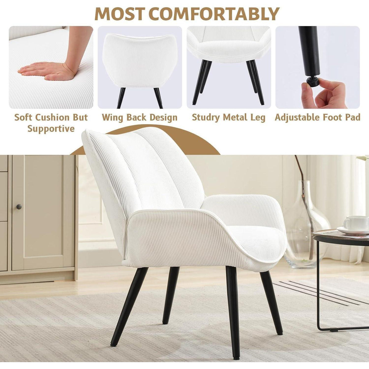 Lounge Sessel Cord Flügellehne Weiß – Bequemer Relax Sessel