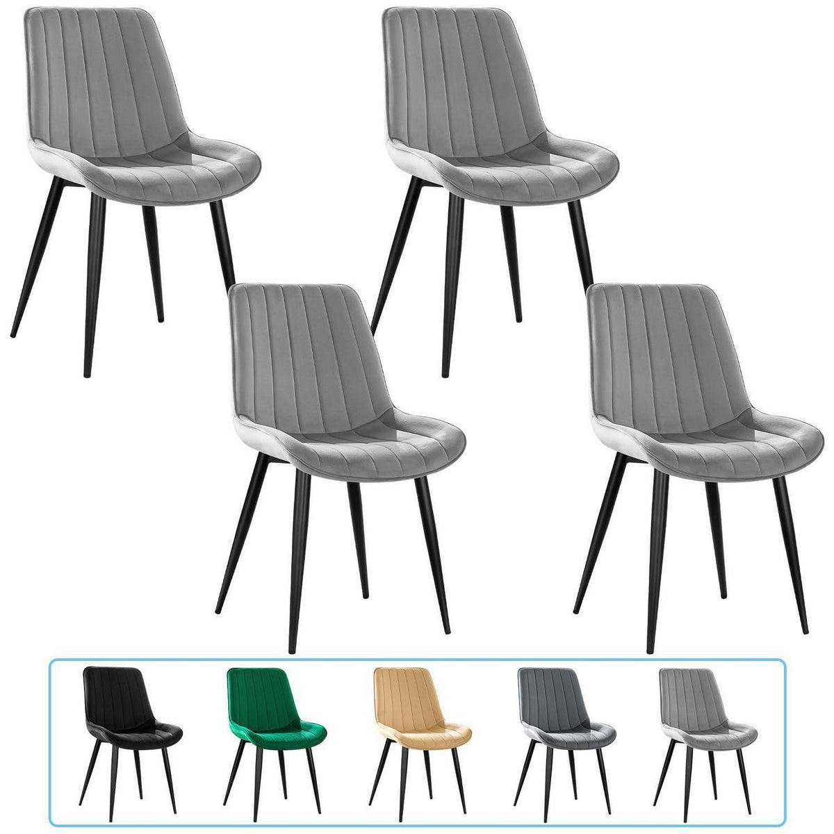 Samt Esszimmerstühle Set 4 - Grau & Schwarz Metallbeine