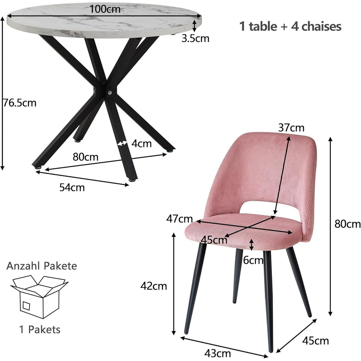 Runder Esstisch Set mit 4 Cord-Stühlen – Rosa & Marmor
