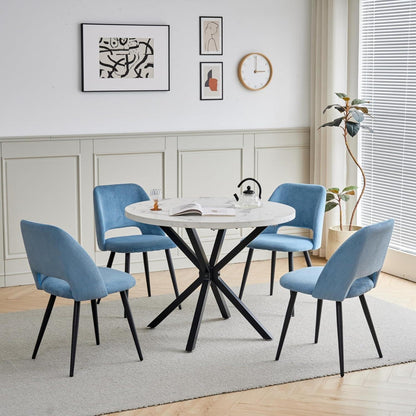 Runder Esstisch Set mit 4 Cord-Stühlen – Blau & Marmor