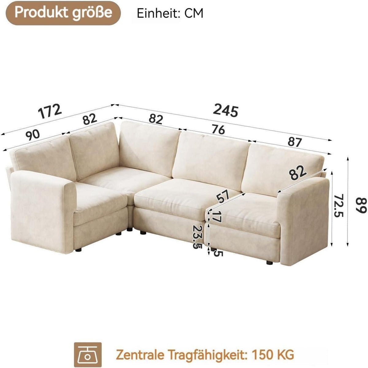 Ecksofa Stoff Modern, 4-Sitzer mit Ottomane