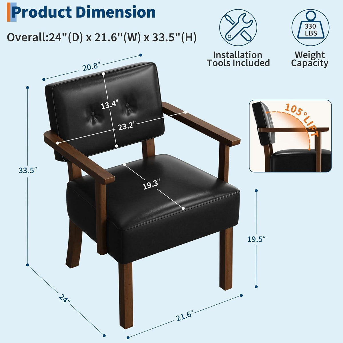 Lounge Sessel Schwarz | Bequemer Wohnzimmerstuhl mit Holzbeinen in Lederoptik